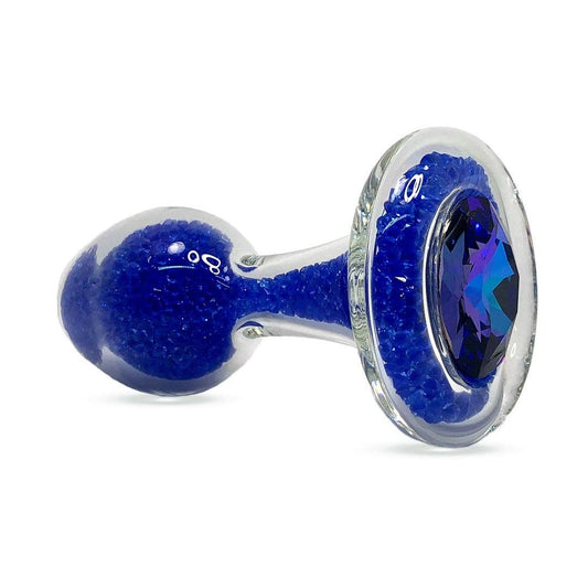 Sparkle Glass Butt Plug with Crystal Base in Blue viewed on a plain white background showcasing its crystal filled design. Available at SugarX in the Butt Plug section of the Sex Toys collection.