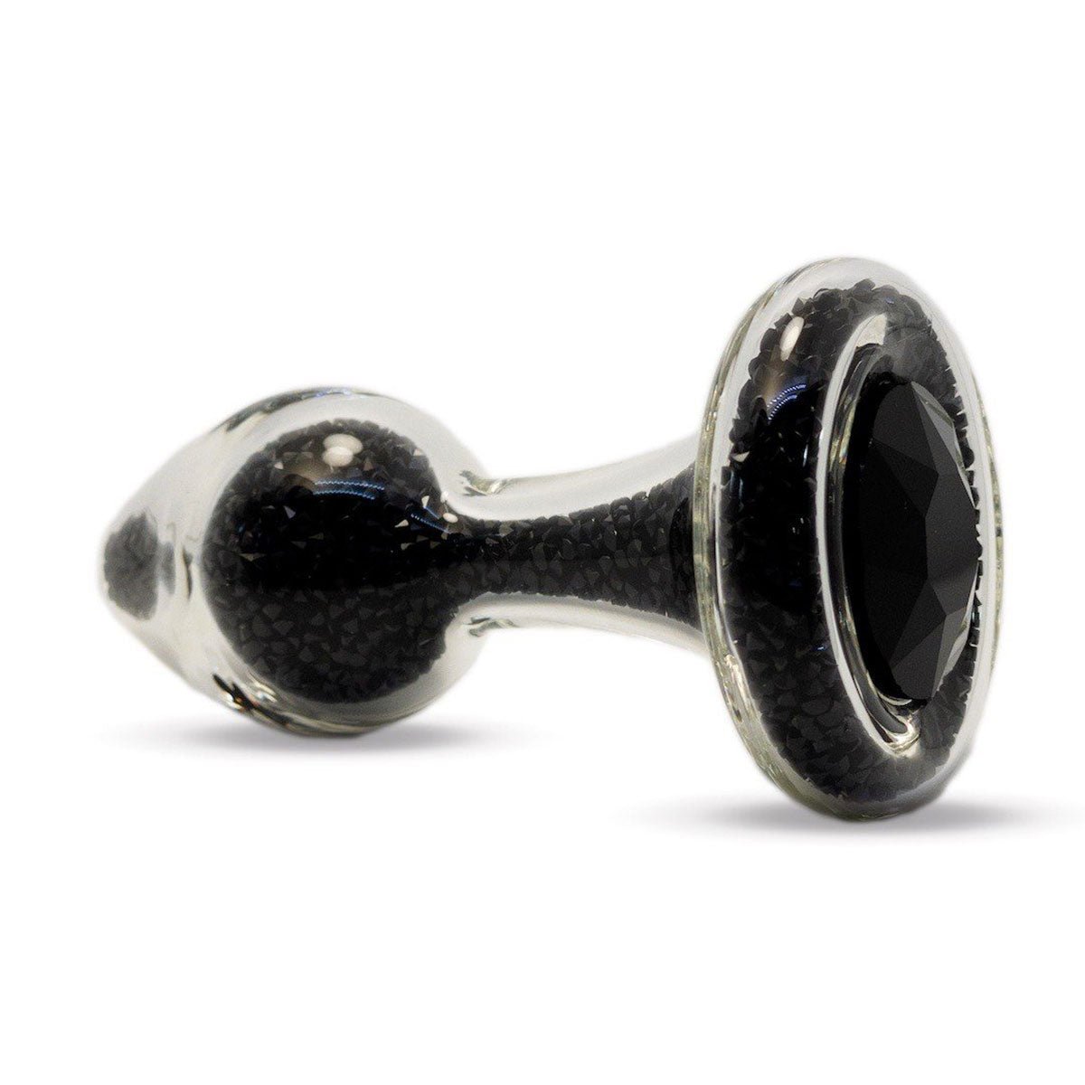 Sparkle Glass Butt Plug with Crystal Base in Black viewed on a plain white background showcasing its crystal filled design. Available at SugarX in the Butt Plug section of the Sex Toys collection.