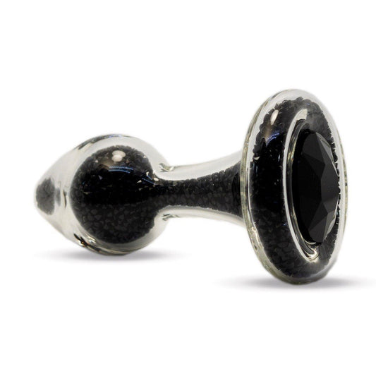 Sparkle Glass Butt Plug with Crystal Base in Black viewed on a plain white background showcasing its crystal filled design. Available at SugarX in the Butt Plug section of the Sex Toys collection.