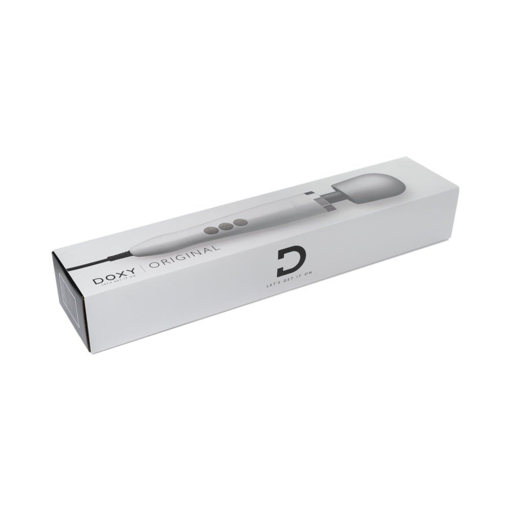 Doxy Original wand vibrator storage box lying on a plain white background, showing its sleek packaging design. Available at SugarX in the Vibrators collection.