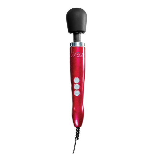 Doxy Die Cast Massager in Candy Red upright facing forward on a white background. Premium wand vibrators available at SugarX for intense pleasure.