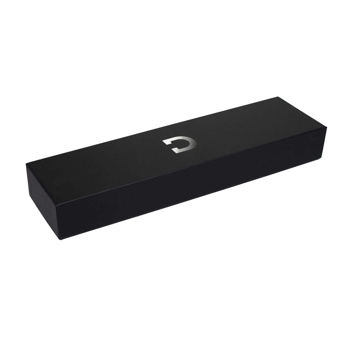 Doxy Die Cast 3 wand vibrator's black storage box on a plain white background, available at SugarX  in the vibrators section of the sex toys collection.