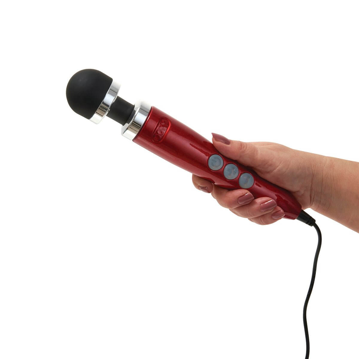 Candy red Doxy Die Cast 3 wand vibrator being held by a hand on a plain white background, found at SugarX in the vibrators selection of the sex toy collection.