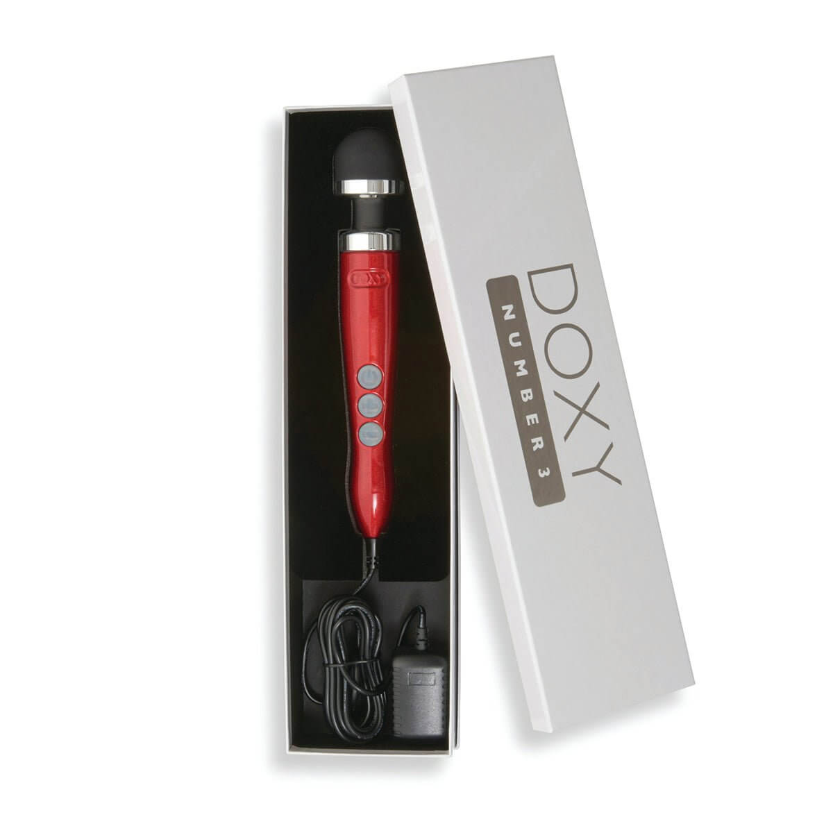 Candy red Doxy Die Cast 3 wand vibrator box open with the wand exposed on a plain white background, from SugarX vibrators selection in the sex toy collection.