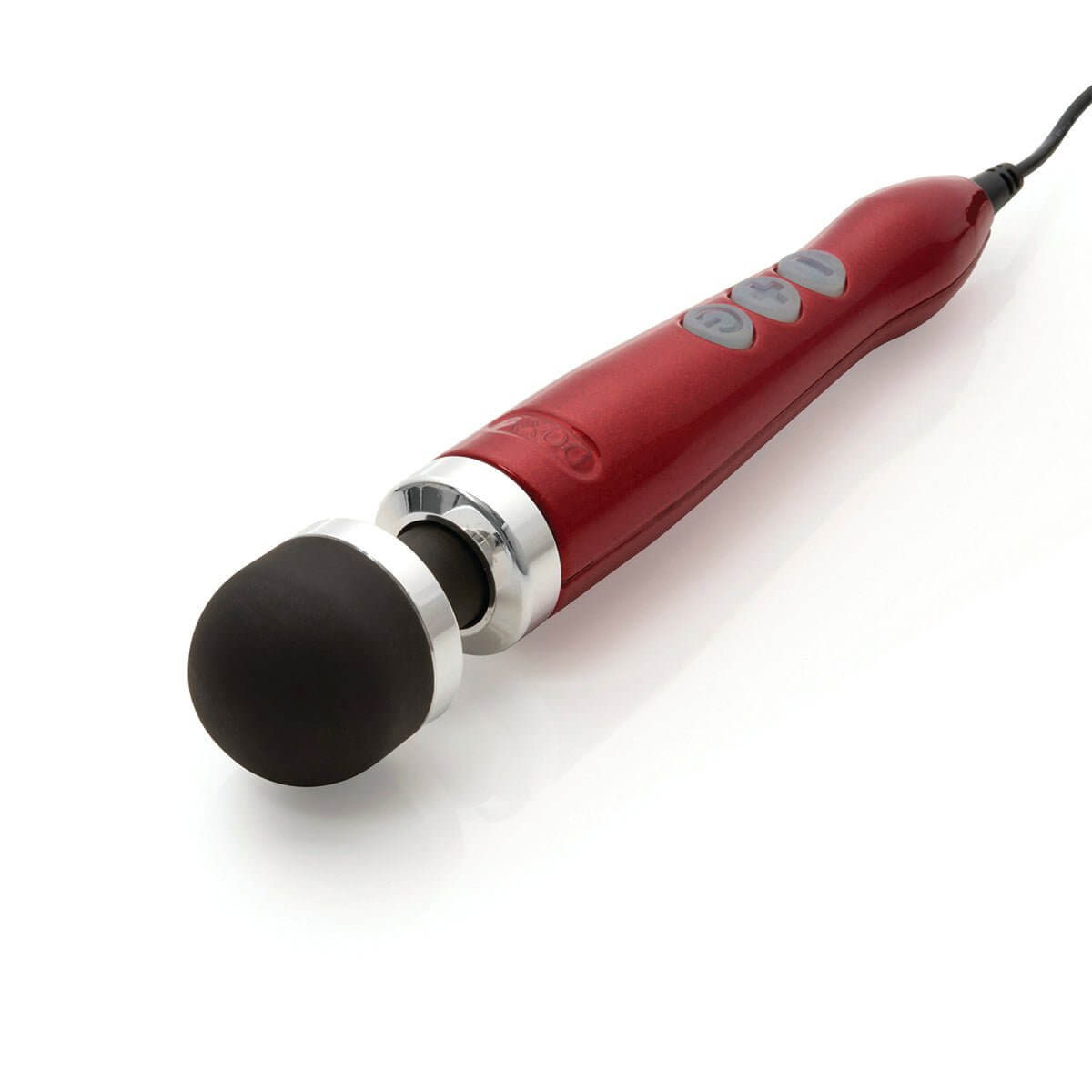 Doxy Die Cast 3 wand vibrator in candy red, lying flat with the head facing forward on a plain white background, from SugarX's vibrator section of the sex toy collection.