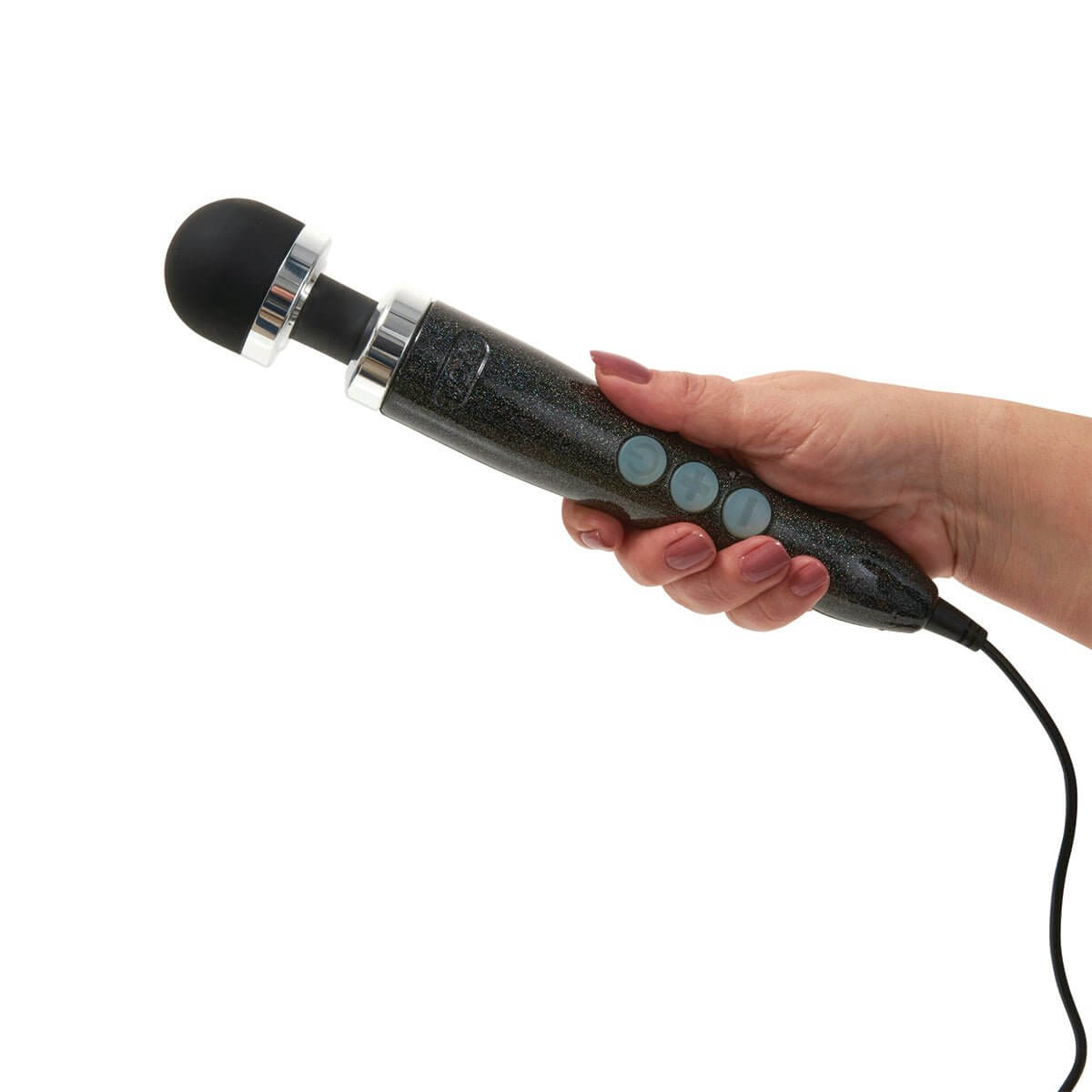 Disco black Doxy Die Cast 3 wand vibrator being held by a hand on a plain white background, part of SugarX vibrators selection of the sex toys collection.