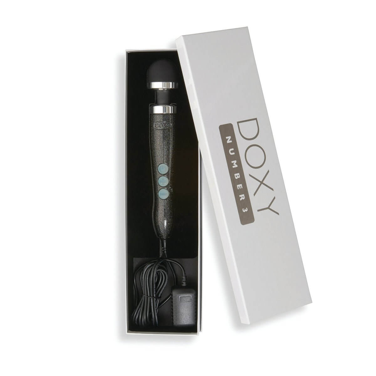 Disco black Doxy Die Cast 3 wand vibrator box open with the wand exposed on a plain white background, found at SugarX in the vibrators selection of the sex toys collection.