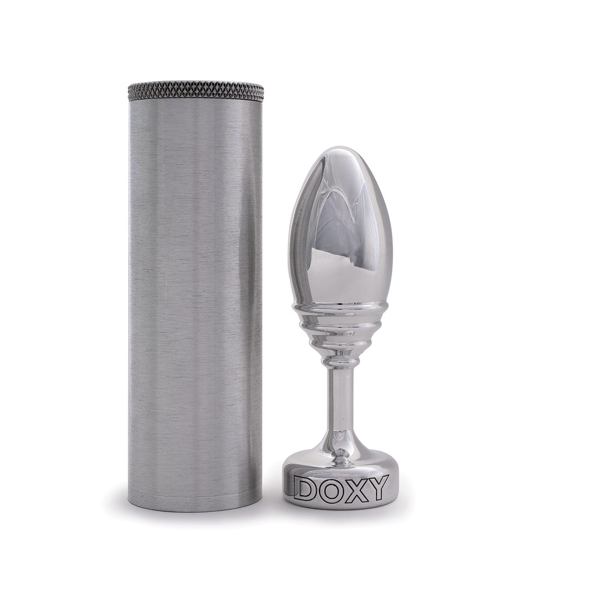 Doxy Ribbed Metal Butt Plug next to its brushed aluminum storage case on a plain white background showcasing its tapered aluminum body and extra long stem. Available at SugarX in the Butt Plug section of the Sex Toys collection.