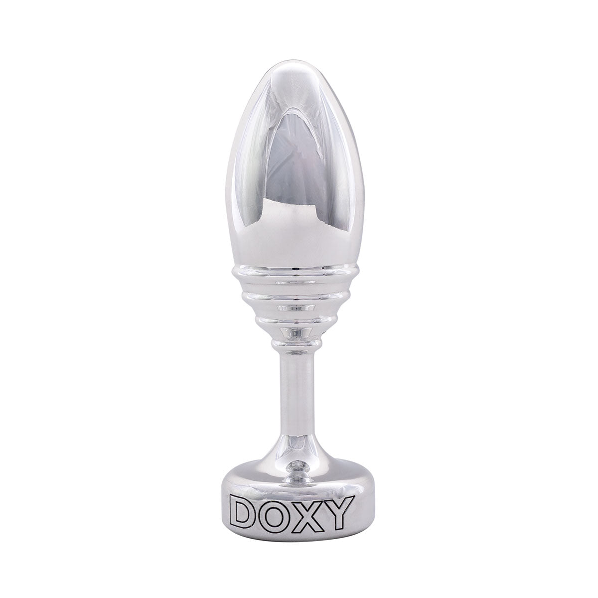 Doxy Ribbed Metal Butt Plug’s upright on a plain white background showcasing its tapered aluminum body and extra long stem. Available at SugarX in the Butt Plug section of the Sex Toys collection.