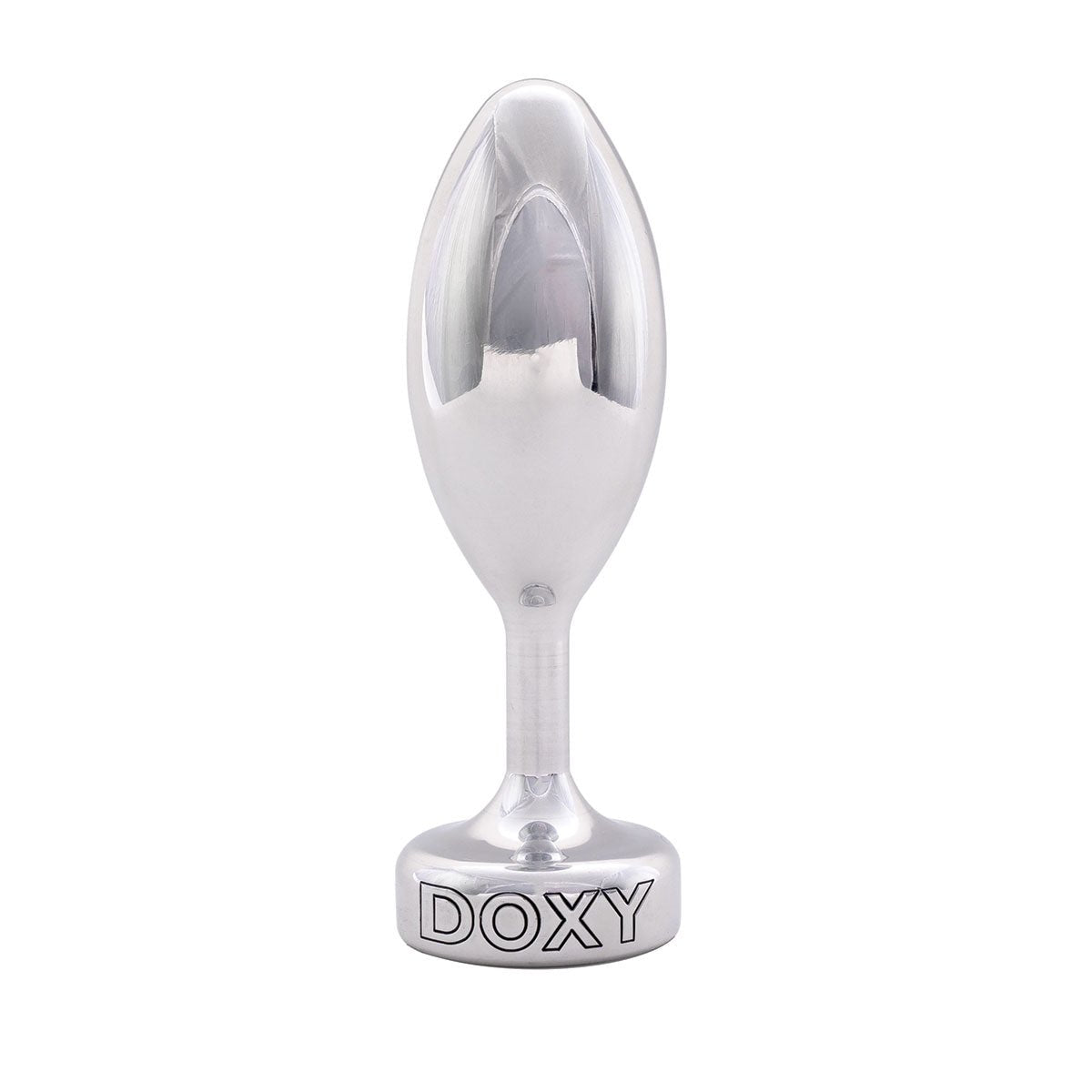 Doxy Smooth Metal Butt Plug standing upright on a plain white background showcasing its tapered aluminum body and extra long stem. Available at SugarX in the Butt Plug section of the Sex Toys collection.