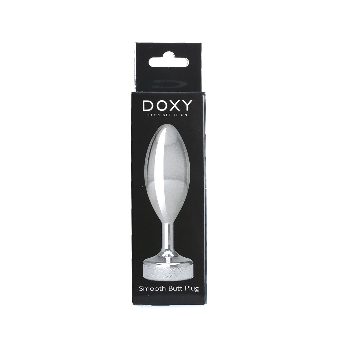 Doxy Smooth Metal Butt Plug’s packaging on a plain white background showcasing its tapered aluminum body and extra long stem. Available at SugarX in the Butt Plug section of the Sex Toys collection.