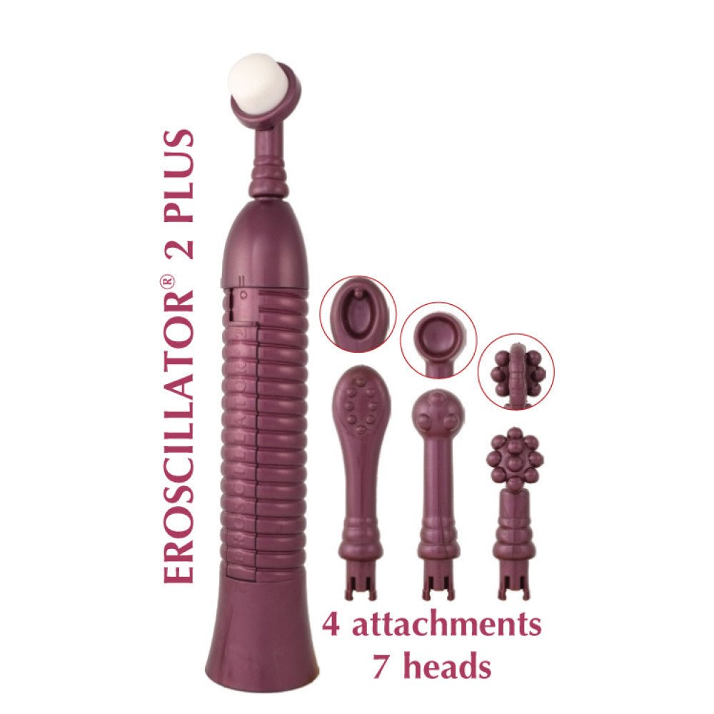 Eroscillator 2 Plus and its various tips on a white background. Available at SugarX in Sex Toys in the Clitoral Vibrators collection.