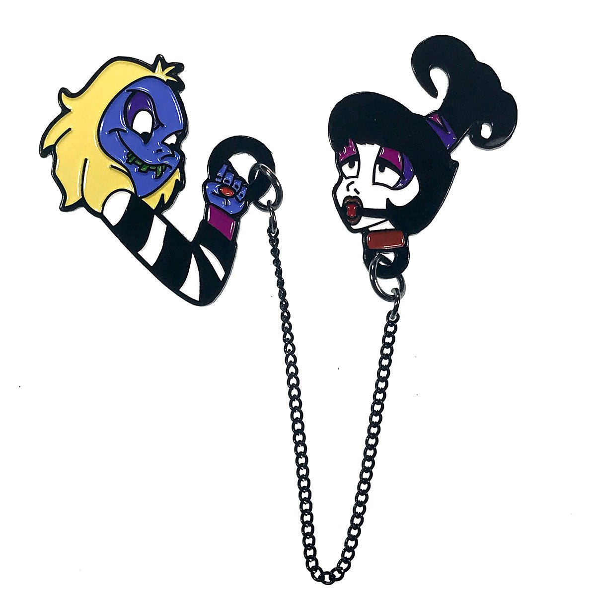 Geeky & Kinky Beetlejuice & Lydia Enamel Pin displayed showcasing its design. Available at SugarX in Jewelry in the Pins collection.