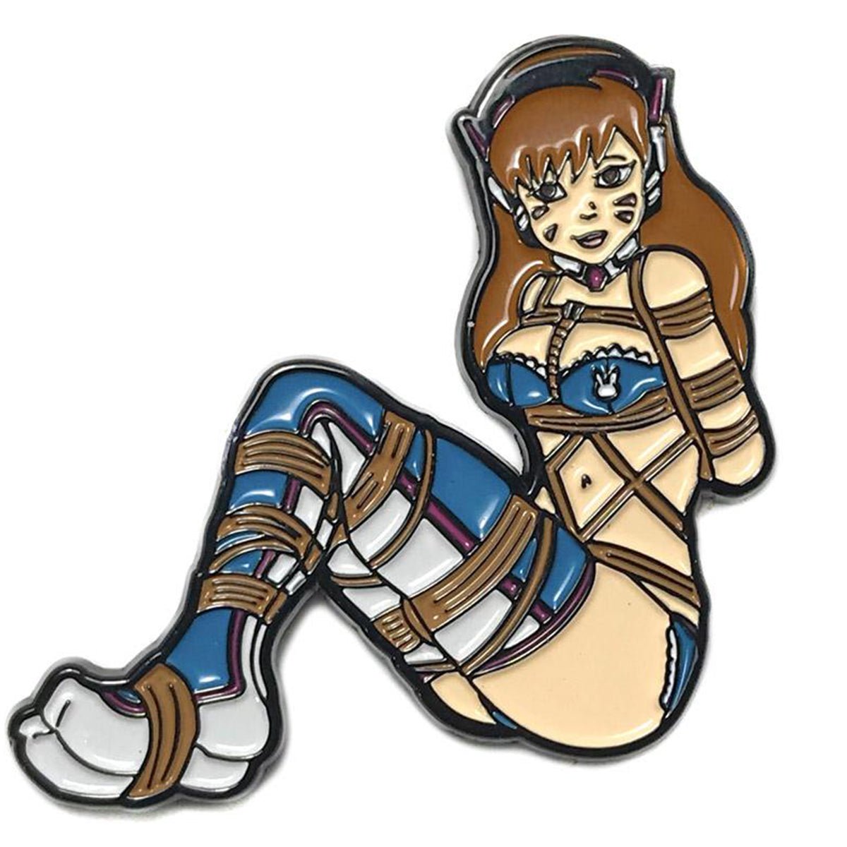 Geeky & Kinky Blue Bound D. Va Enamel Pin displayed showcasing its design. Available at SugarX in Jewelry in the Pins collection.