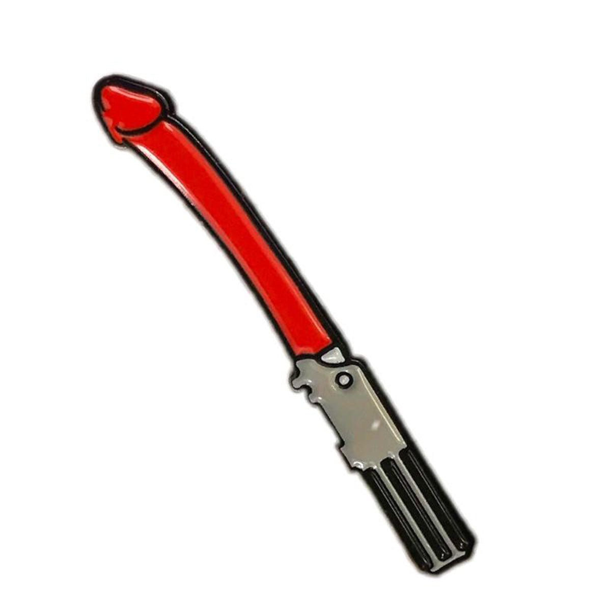 Geeky & Kinky Dick Saber Pin displayed showcasing its design. Available at SugarX in Jewelry in the Pins collection.