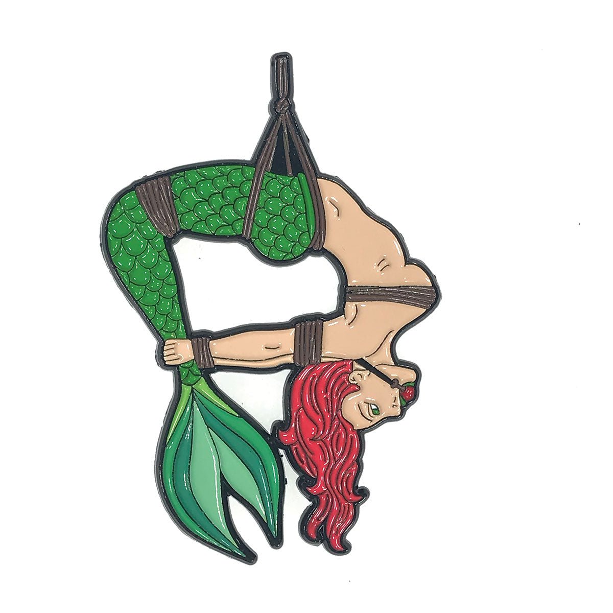 Geeky & Kinky Green Tail Mermaid Pin displayed showcasing its design. Available at SugarX in Jewelry in the Pins collection.