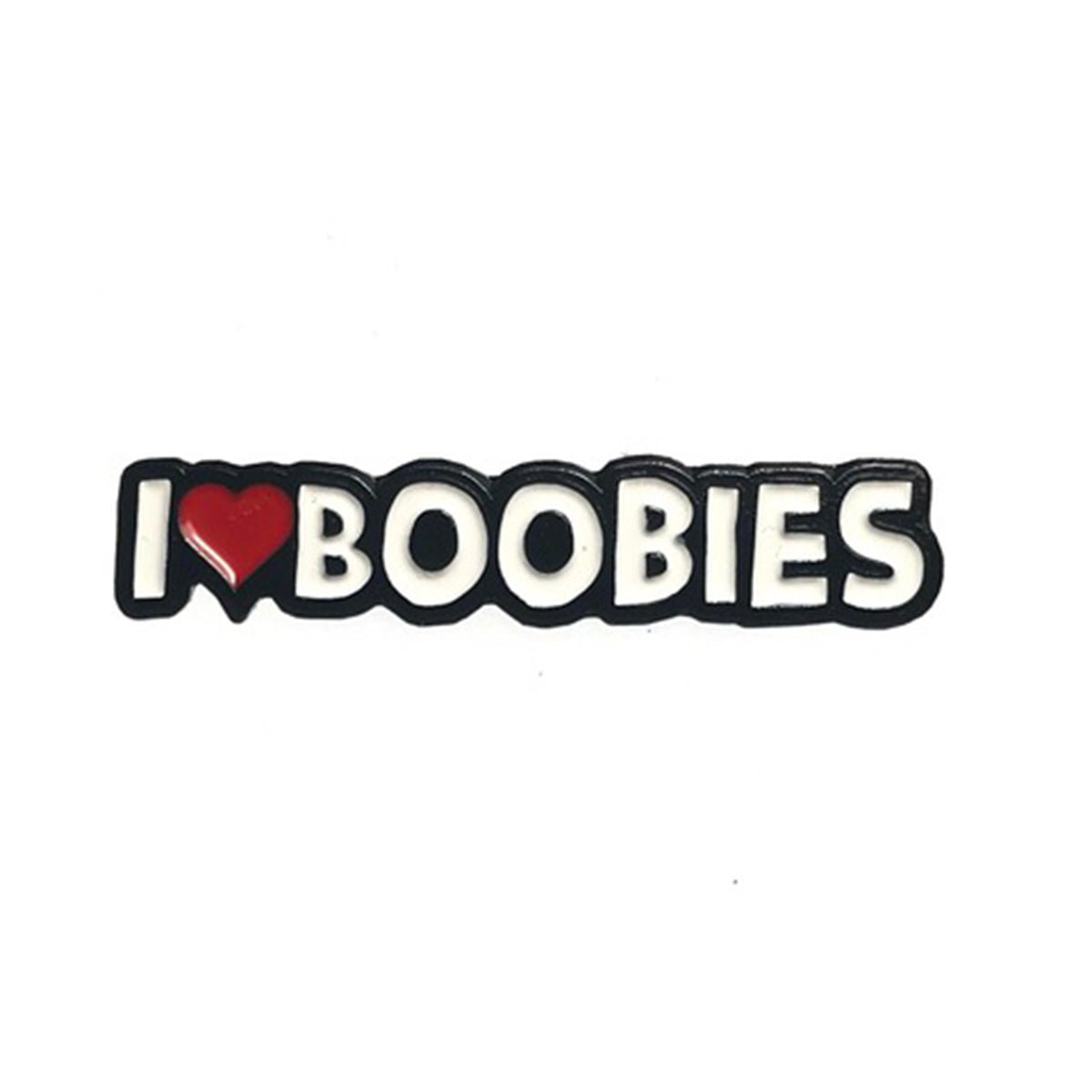 Geeky & Kinky I Heart Boobies Pin displayed showcasing its design. Available at SugarX in Jewelry in the Pins collection.
