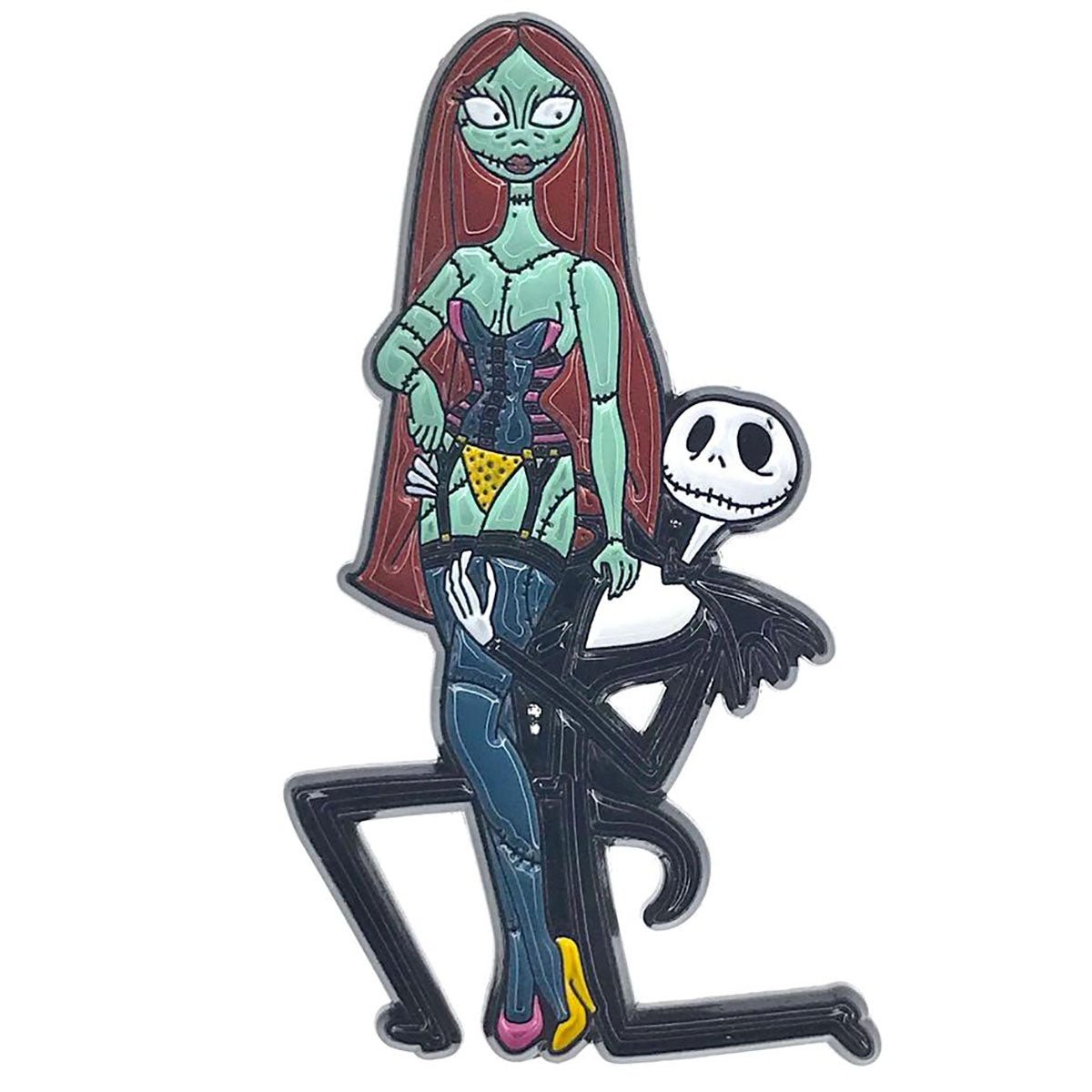 Geeky & Kinky Jack & Sally Pin displayed showcasing its design. Available at SugarX in Jewelry in the Pins collection.