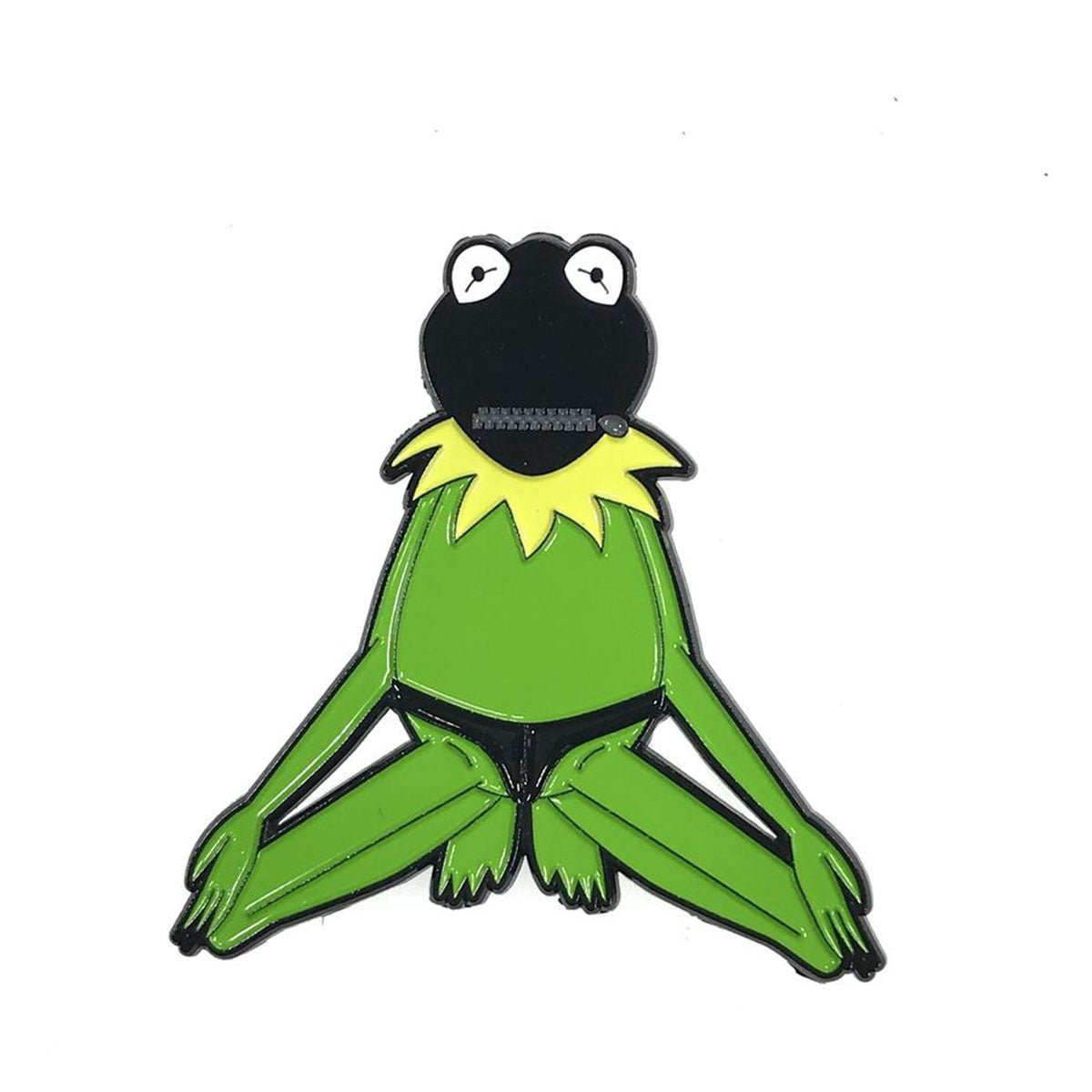 Geeky & Kinky Kermit Masked Pin displayed showcasing its design. Available at SugarX in Jewelry in the Pins collection.