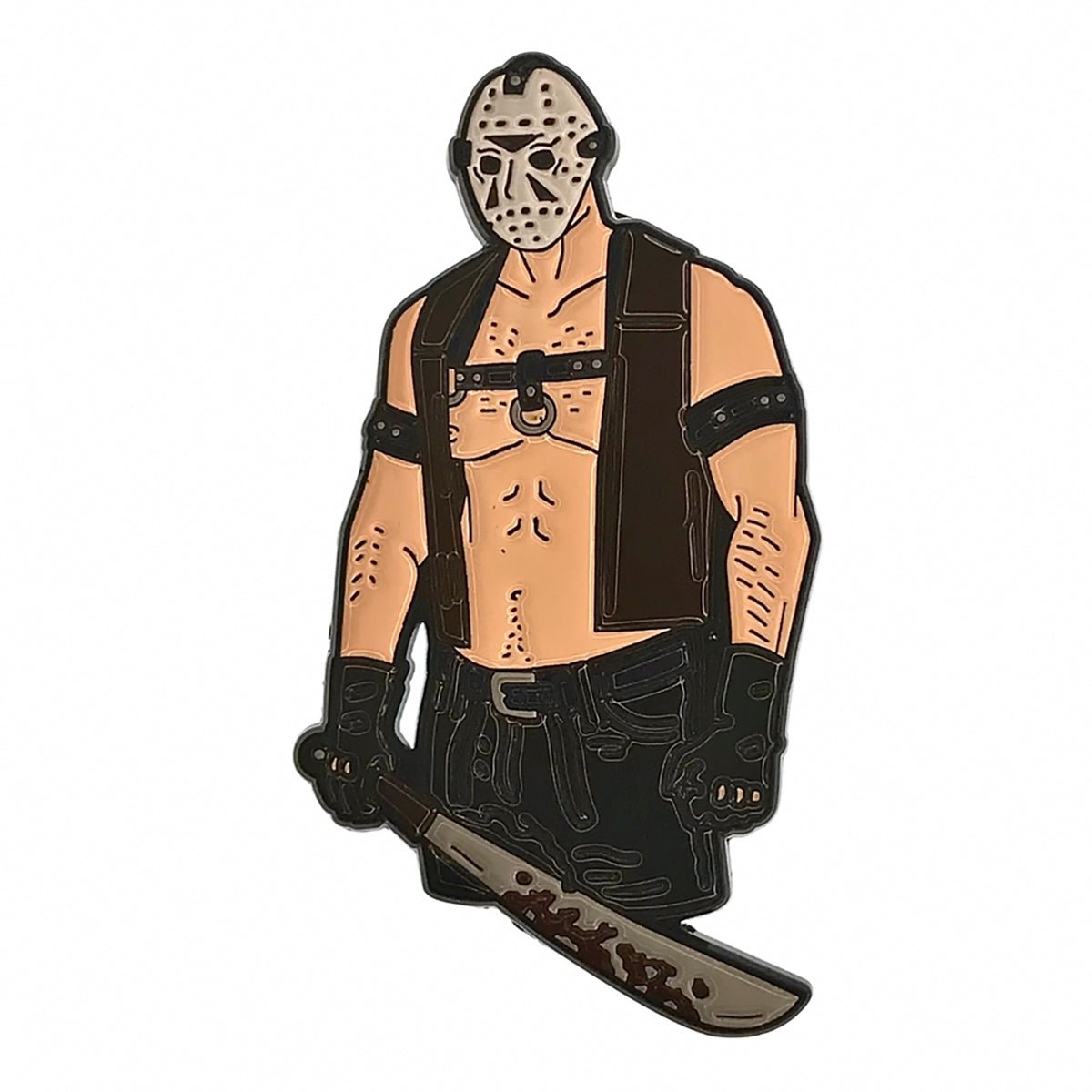 Geeky & Kinky Machete Jason Daddy Pin displayed showcasing its design. Available at SugarX in Jewelry in the Pins collection.