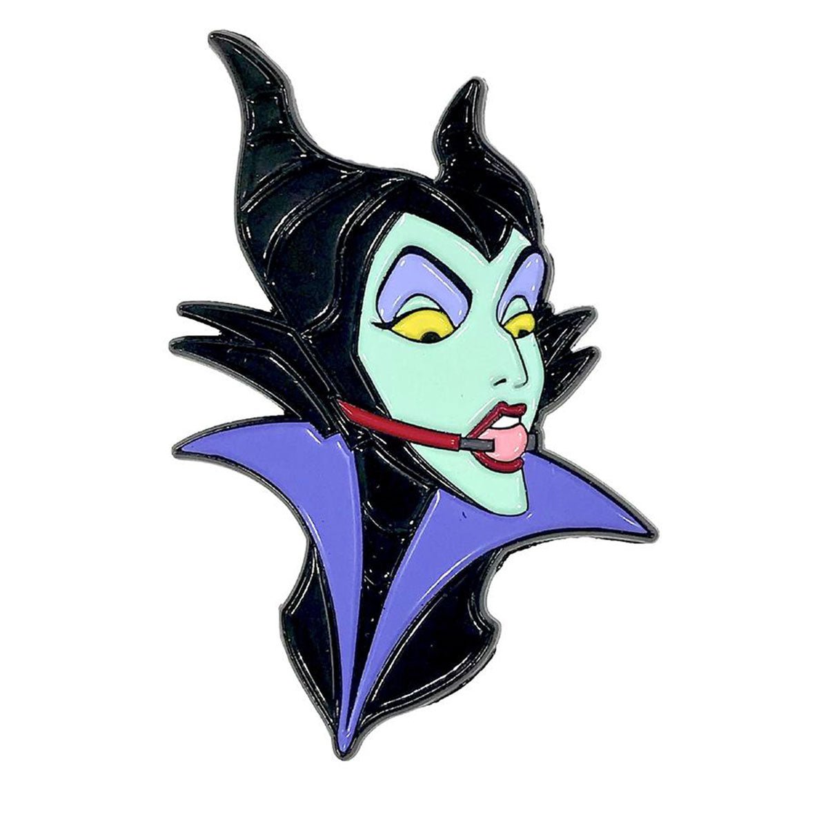 Geeky & Kinky Maleficent Ballgag Pin displayed showcasing its design. Available at SugarX in Jewelry in the Pins collection.