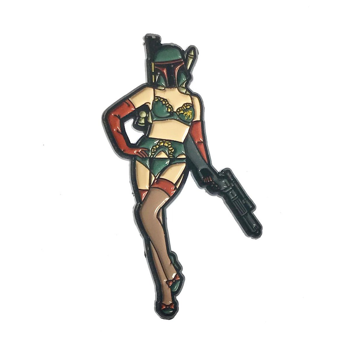 Geeky & Kinky Miss Fett Pin displayed showcasing its design. Available at SugarX in Jewelry in the Pins collection.