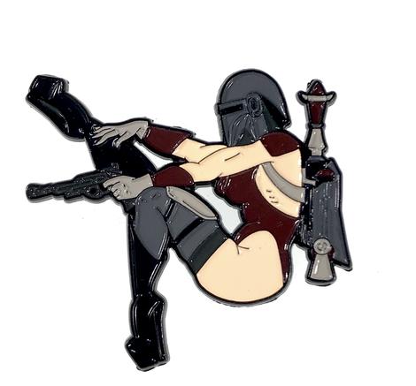 Geeky & Kinky Miss Mando Fett Pin displayed showcasing its design. Available at SugarX in Jewelry in the Pins collection.