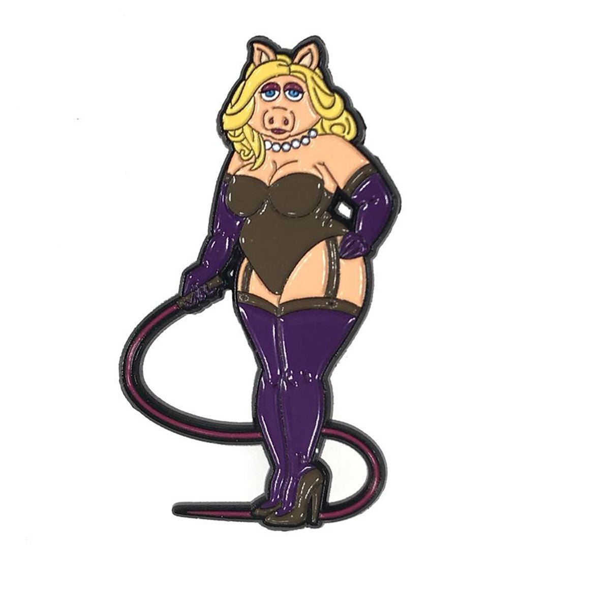 Geeky & Kinky Miss Piggy Whip Pin displayed showcasing its design. Available at SugarX in Jewelry in the Pins collection.