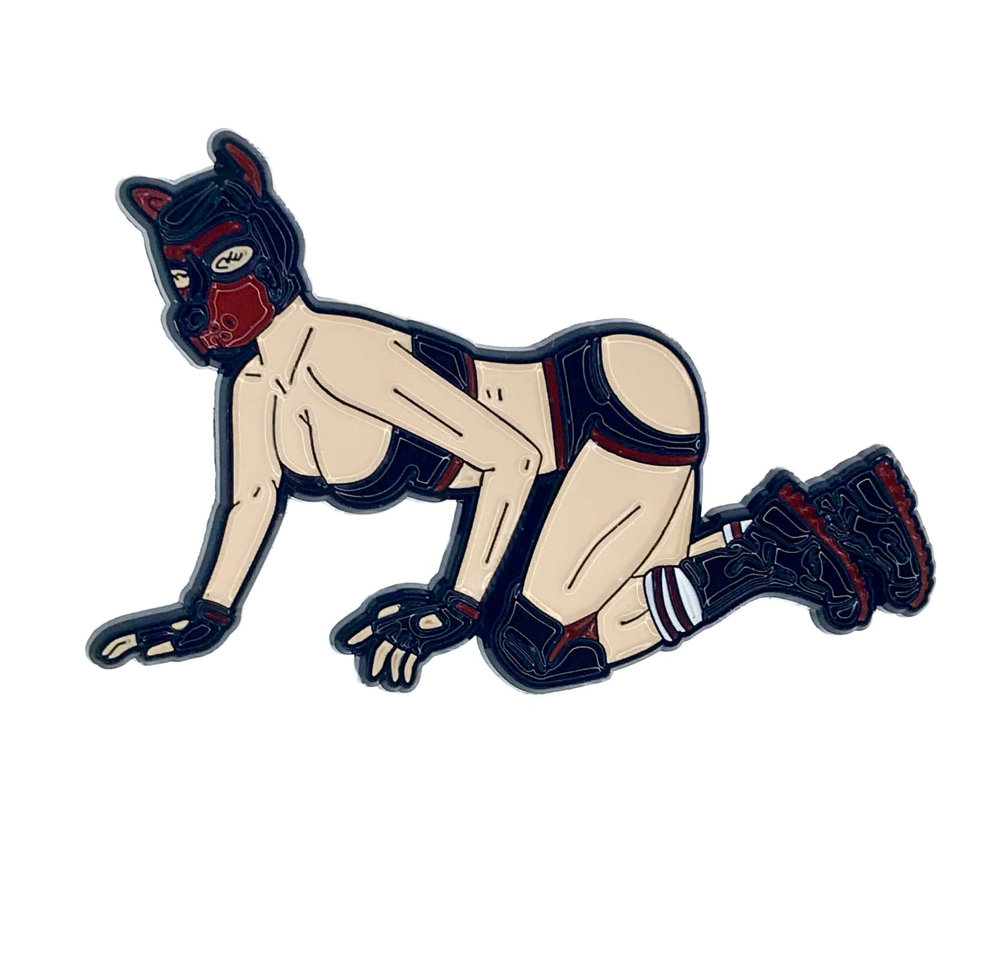 Geeky & Kinky Pup Girl Pin displayed showcasing its design. Available at SugarX in Jewelry in the Pins collection.