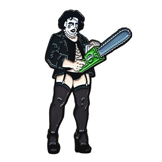 Geeky & Kinky Rocky Chainsaw Pin displayed showcasing its design. Available at SugarX in Jewelry in the Pins collection.