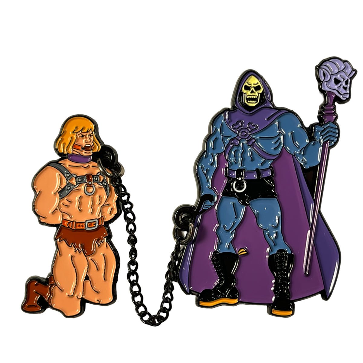 Geeky & Kinky Skeletor Chained He-Man Duo Pin displayed showcasing its design. Available at SugarX in Jewelry in the Pins collection.