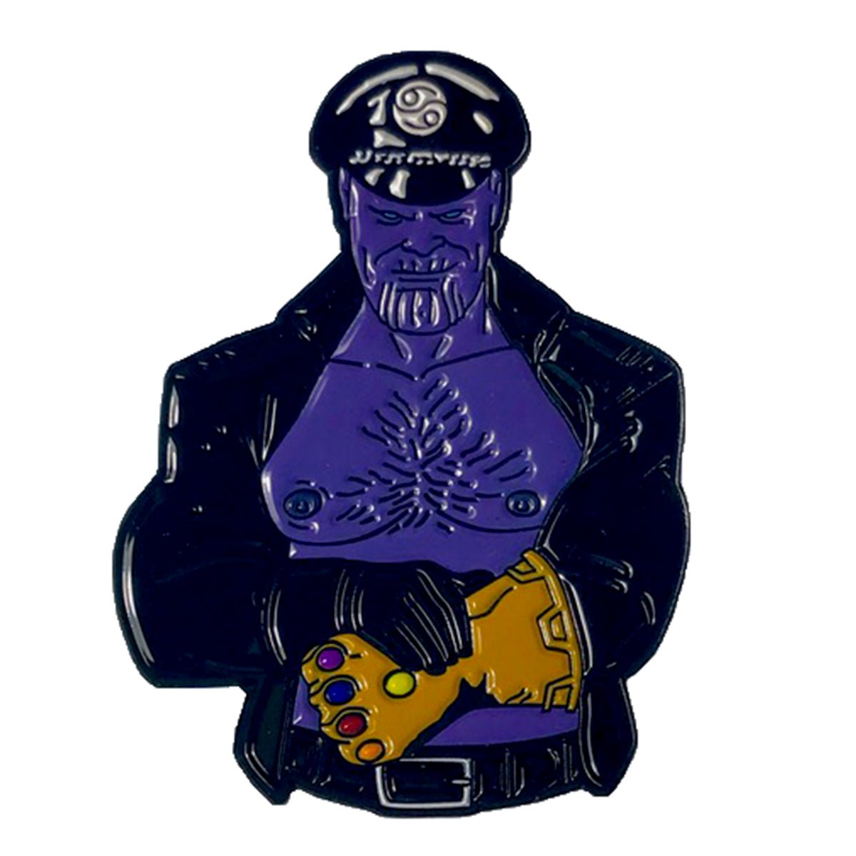 Geeky & Kinky Thanos Pin displayed showcasing its design. Available at SugarX in Jewelry in the Pins collection.