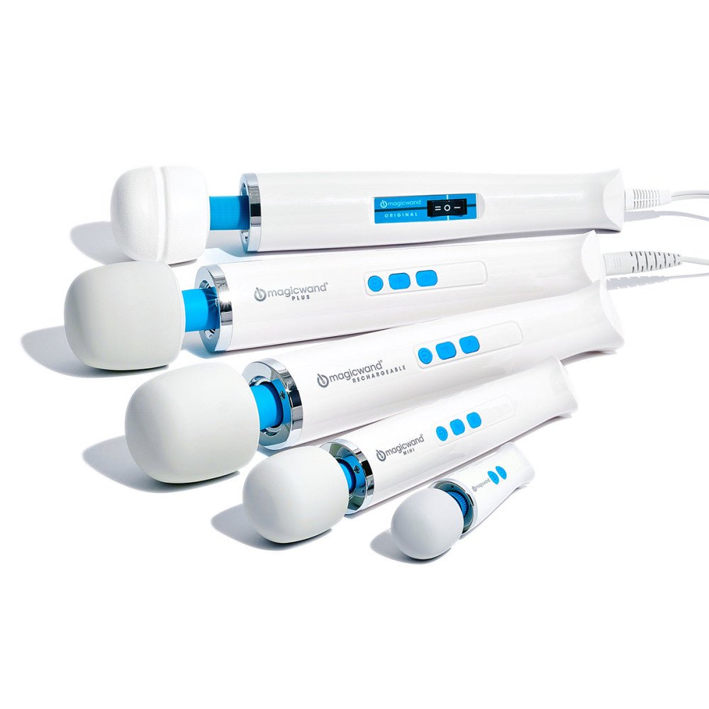 The Magic Wand Micro, Magic Wand Mini, Magic Wand Original, Magic Wand Plus and Magic Wand Rechargable lying next to each other. Available at SugarX in the Wand Vibrator section of the Sex Toy Collection.