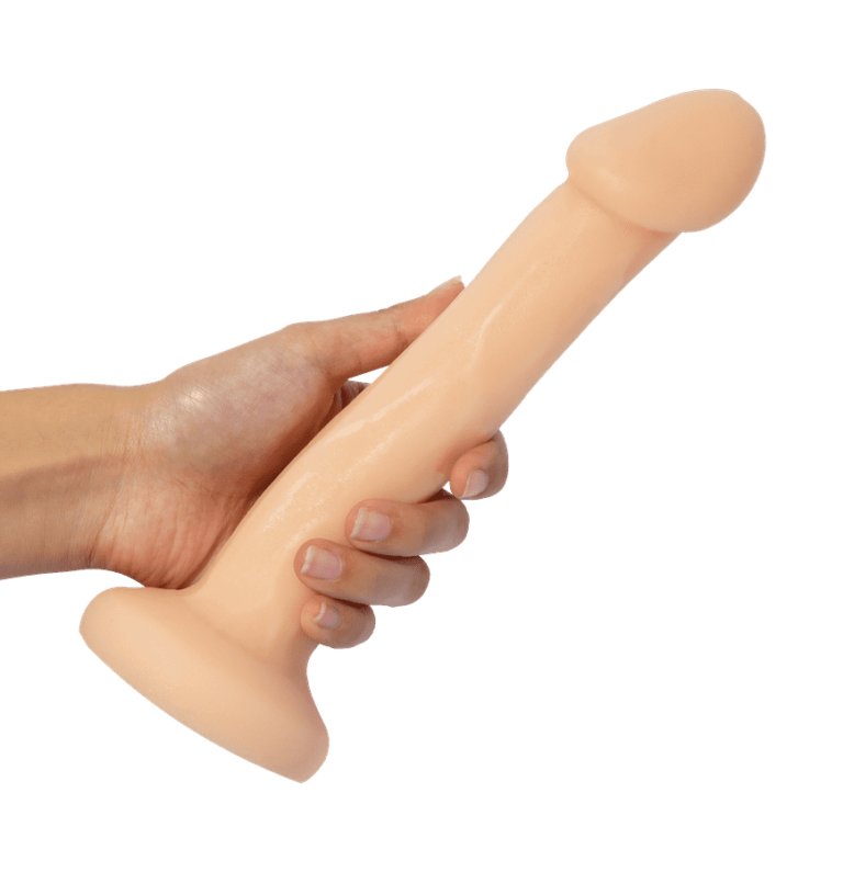 Mason Posable Realistic Harness Compatible Silicone Dildo by New York Toy Collective being held by a hand on a white background. Available at SugarX in Sex Toys in the Dildo collection.