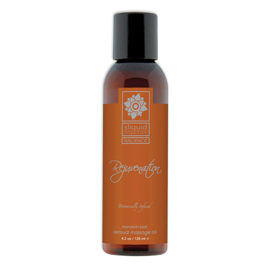 Sliquid Organics Massage Oil Rejuvenation 4.2oz mandarin and basil scented massage oil on a white background. Available at SugarX in the Massage Oil collection.