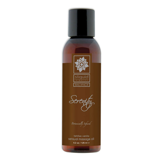 Sliquid Organics Massage Oil Serenity 4.2oz Tahitian vanilla scented massage oil on a white background. Available at SugarX in the Massage Oil collection.