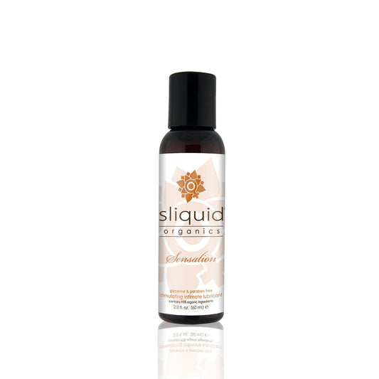 Sliquid Organics Sensation 2oz Water Based Lube on a plain background. Available at SugarX in the water-based section of the personal lubricant collection.