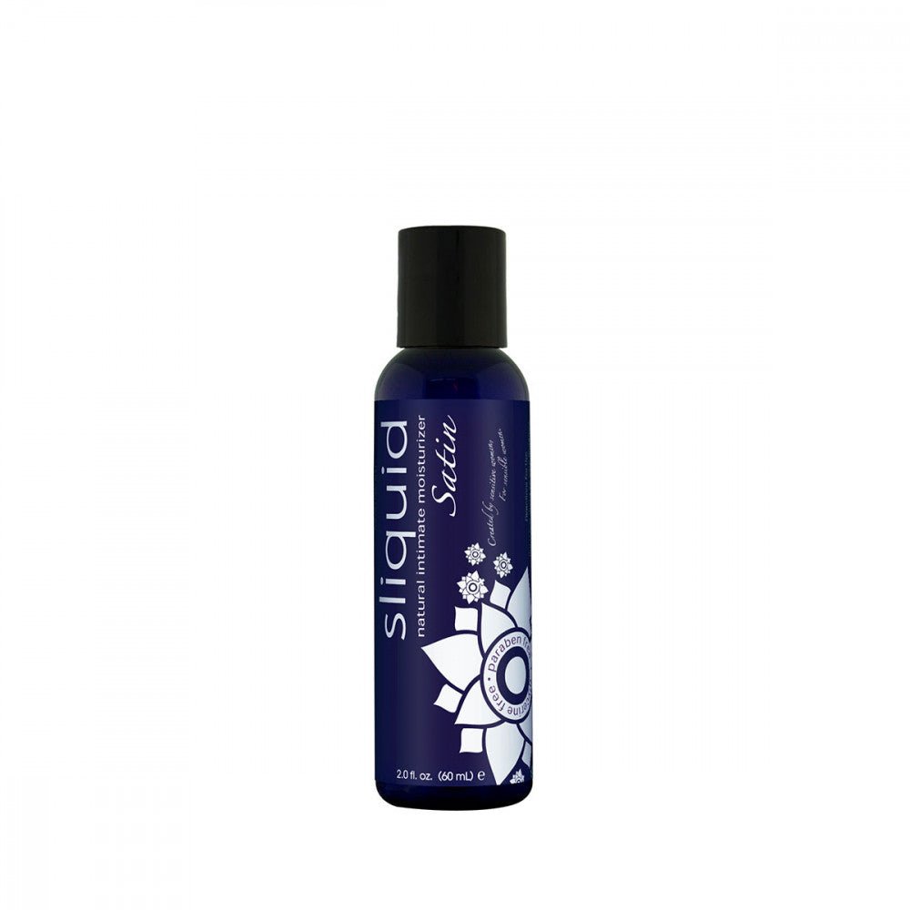 Sliquid Satin 2 oz Water Based Lube on a plain background. Available at SugarX in the water-based lube section of the personal lubricant collection.