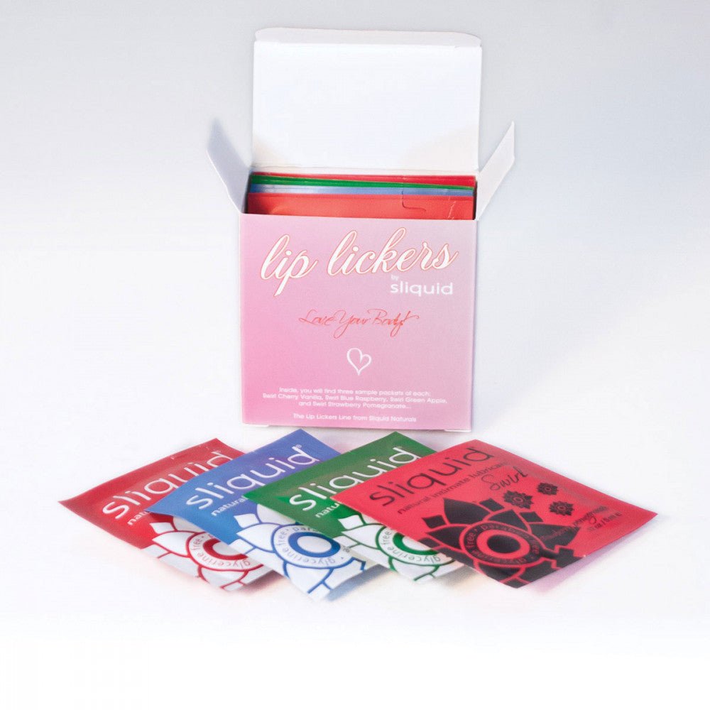 Sliquid Swirl Lip Lickers Flavored Sampler Box 12pk Lube Samplers on a plain background. Available at SugarX in the flavored lube section of the personal lubricant collection.