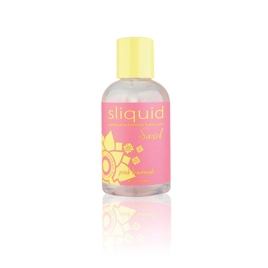 Sliquid Swirl Pink Lemonade Water-Based Flavored Lube 4.2 oz on a white background. Available at SugarX in the Flavored Lubricant section of the Personal Lubricant collection.