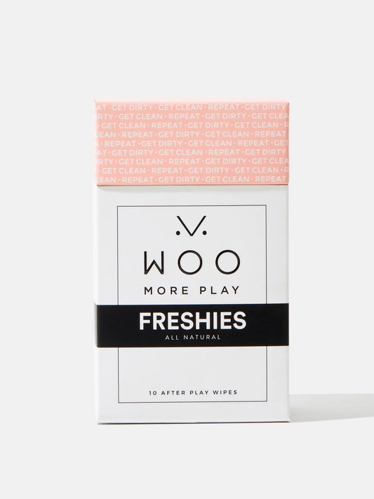 Woo More Play Freshies Cleansing Wipes, vanilla scented feminine wipes by WOO More Play on a white background. Available at SugarX in the Intimate Wipes collection of the Bath, Body and Sexual Wellness section.