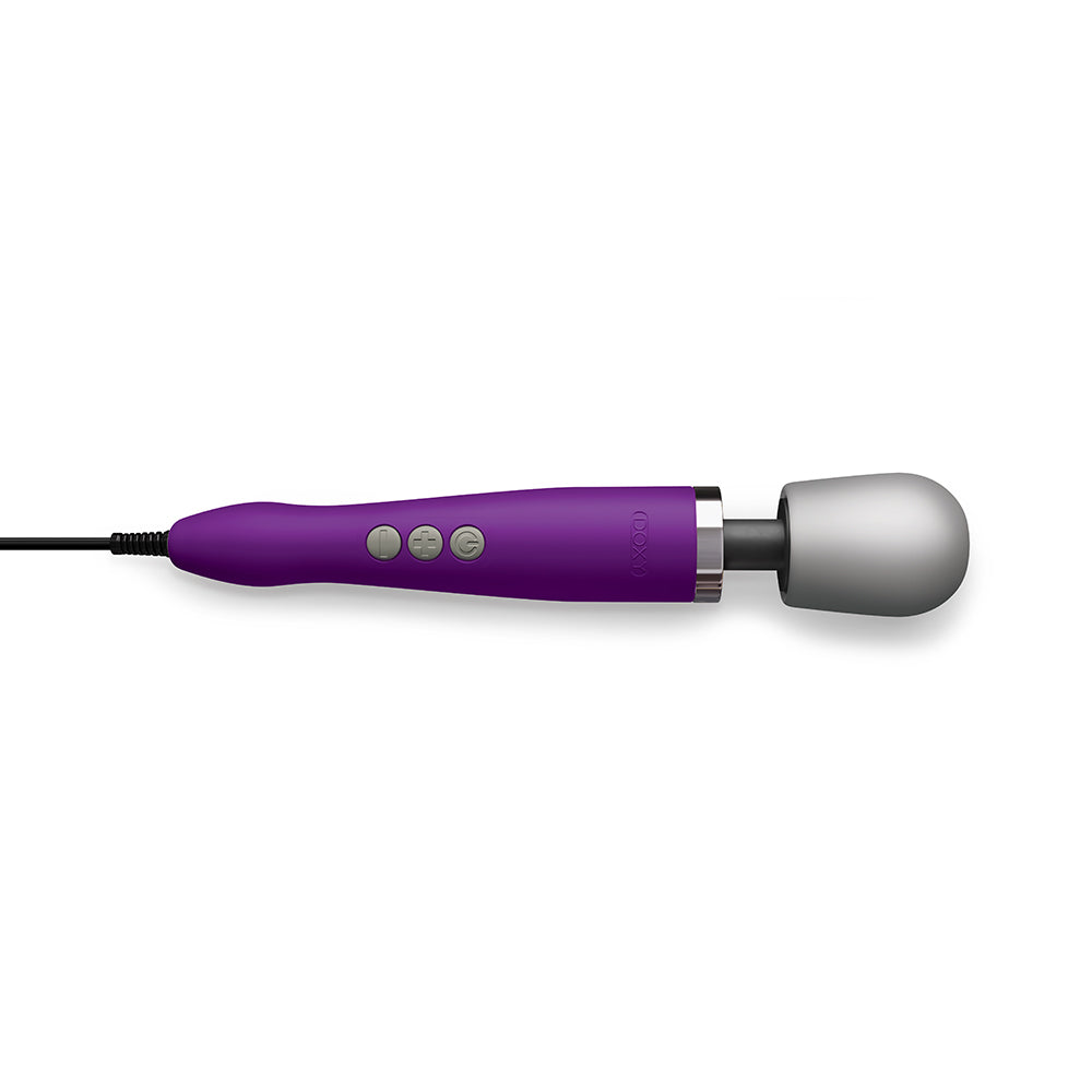 Doxy Original Massager Wand Vibrator in Purple lying in its side on a white background. Available at SugarX in Vibrators in the Sex Toy Collection.