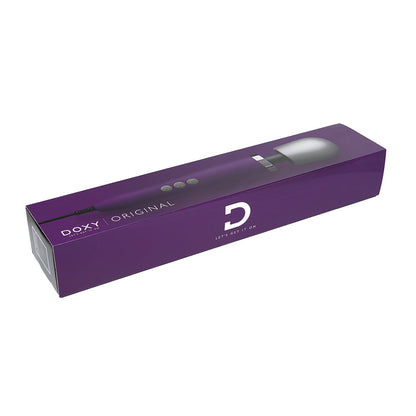 Doxy Original Massager Wand Vibrator in Purple’s packaging lying on its side on a white background. Available at SugarX in Vibrators in the Sex Toy Collection.