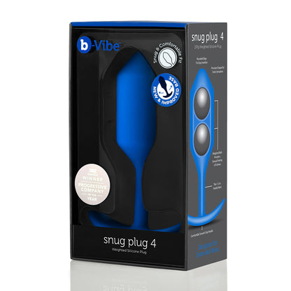 B-Vibe Snug Plug 4 - Navy Blue on white background. Available at SugarX in Sex Toys in the Butt Plug collection.