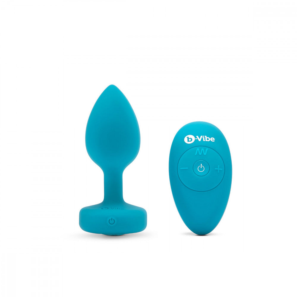 B-Vibe Vibrating Jewel Plug Small/Medium - Aqua on white background. Available at SugarX in Sex Toys in the Butt Plug collection.