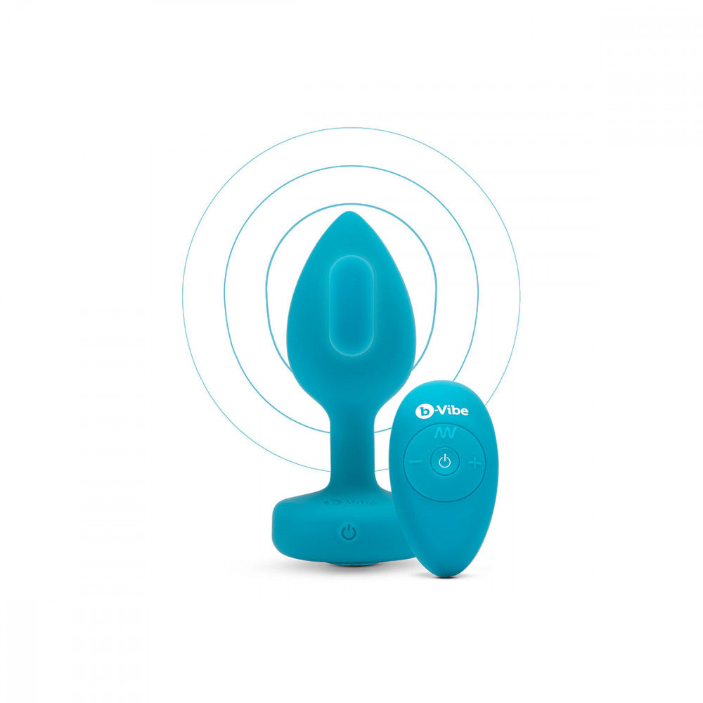 B-Vibe Vibrating Jewel Plug Small/Medium - Aqua on white background. Available at SugarX in Sex Toys in the Butt Plug collection.