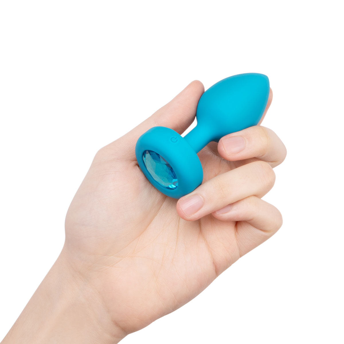 B-Vibe Vibrating Jewel Plug Small/Medium - Aqua on white background. Available at SugarX in Sex Toys in the Butt Plug collection.