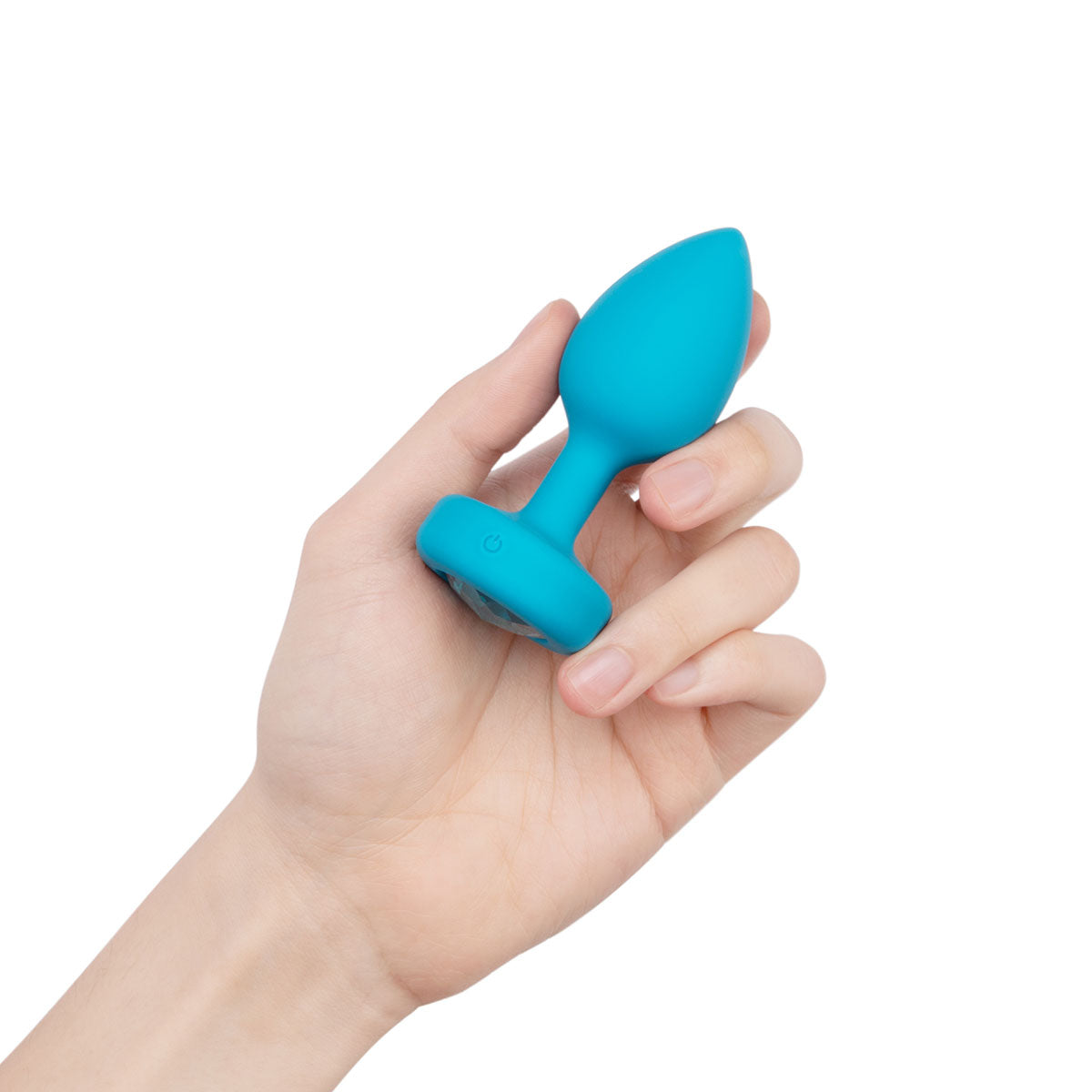 B-Vibe Vibrating Jewel Plug Small/Medium - Aqua on white background. Available at SugarX in Sex Toys in the Butt Plug collection.