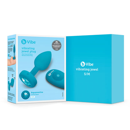 B-Vibe Vibrating Jewel Plug Small/Medium - Aqua on white background. Available at SugarX in Sex Toys in the Butt Plug collection.