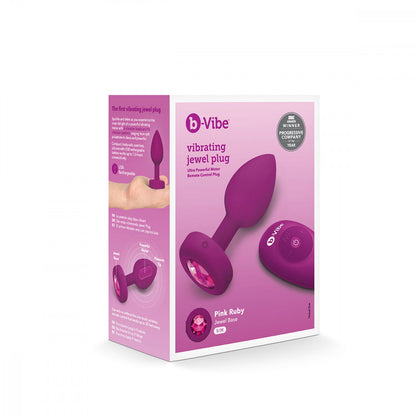 B-Vibe Vibrating Jewel Plug Small/Medium - Fuchsia on white background. Available at SugarX in Sex Toys in the Butt Plug collection.